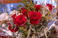 A bouquet of vibrant red roses and green leaves intermixed with small white flowers. The roses are central and prominent, with their petals beautifully unfurled. The green leaves and stems add a fresh contrast to the bright red roses, while white flowers provide delicate accents.