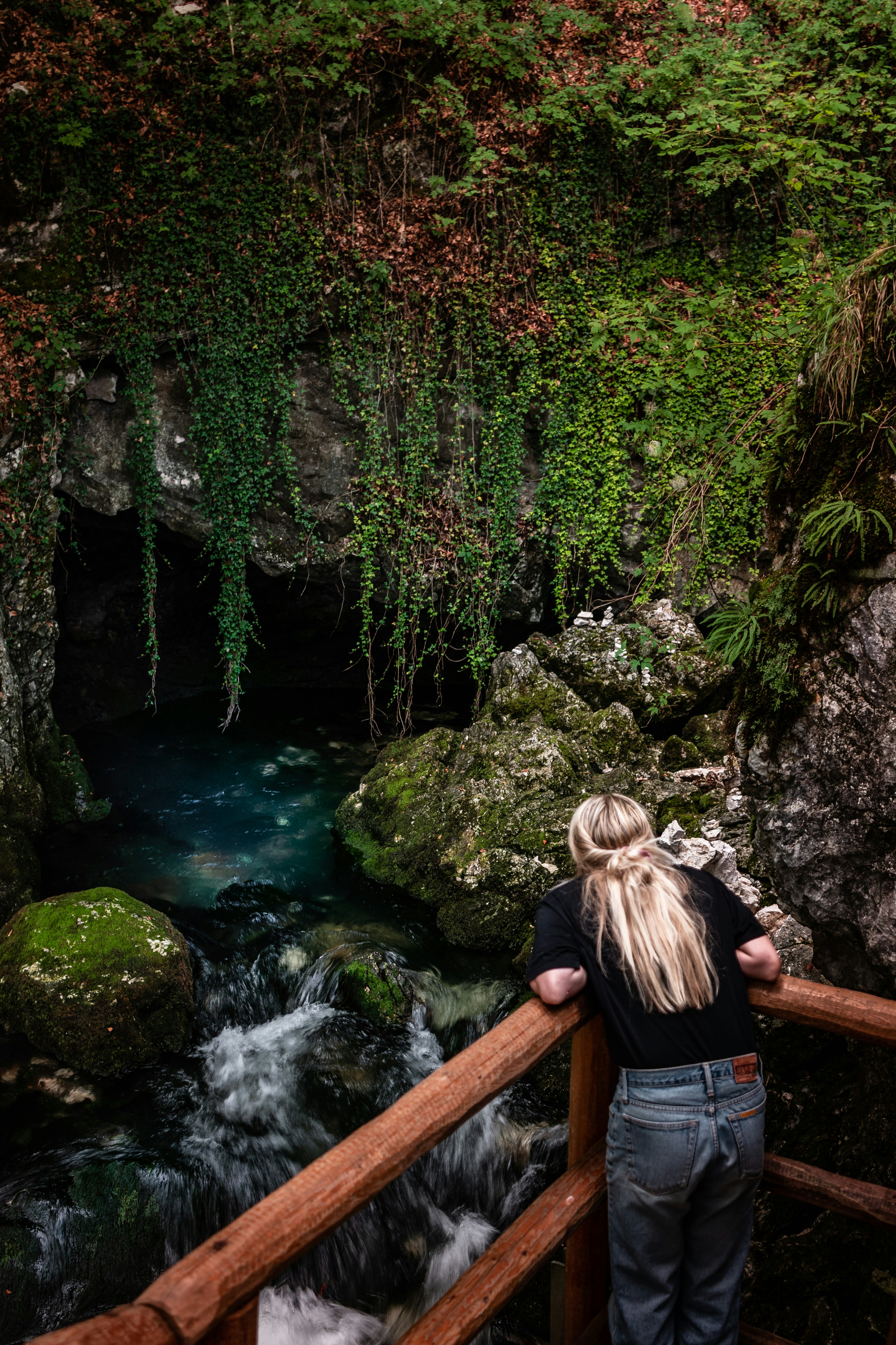 a woman standing on a bridge looking at a stream