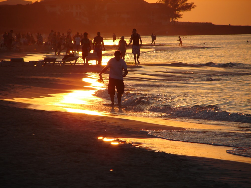 a group of people walking along a beach at sunset