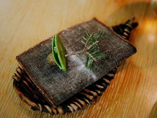 A minimalist food presentation consisting of a small green taco-like item resting on a textured fabric atop a wooden board. A sprig of evergreen appears to be part of the garnish, providing a rustic and natural appeal with surrounding elements in soft focus.