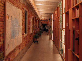 A warmly lit hallway with brick walls on the left and wooden shelving on the right. There are framed pictures on the brick wall and a few potted plants along the corridor. A person is standing in the distance near the end of the hallway. The ambient lighting and wooden features create a cozy atmosphere.