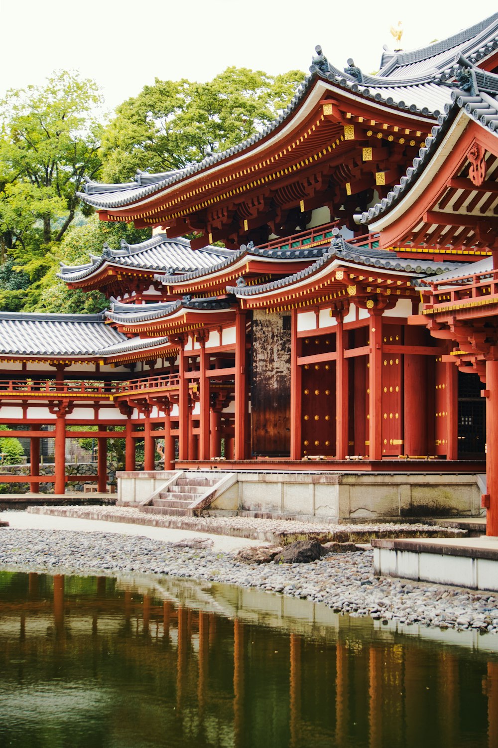 a group of red buildings sitting next to a body of water