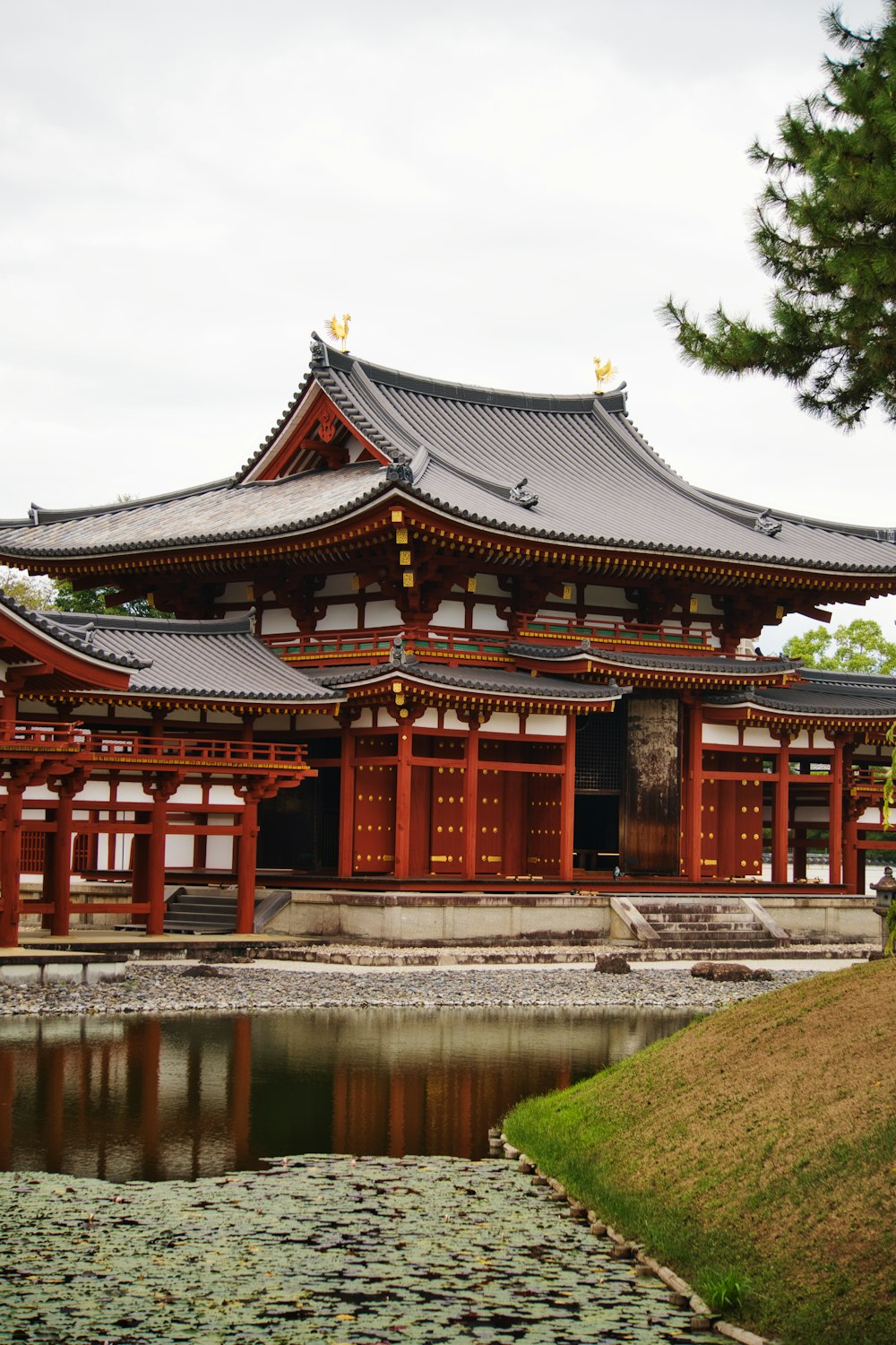 a building with a pond in front of it