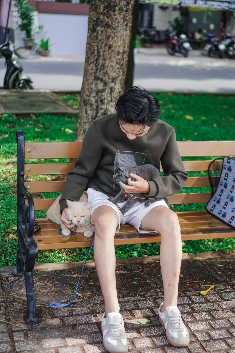 a person sitting on a bench with a dog