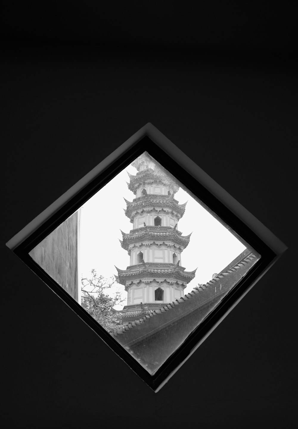 a black and white photo of a pagoda