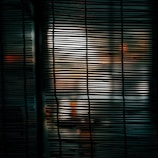Vertical wooden slats of a window blind create an abstract pattern with blurred light and shadow in the background, suggesting an indoor scene with subdued lighting and a hint of warm colors.