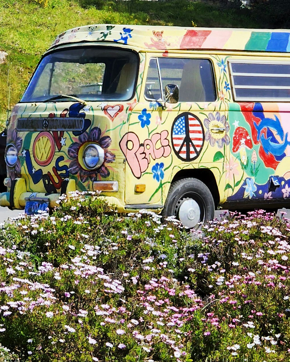 a colorful van parked on the side of a road