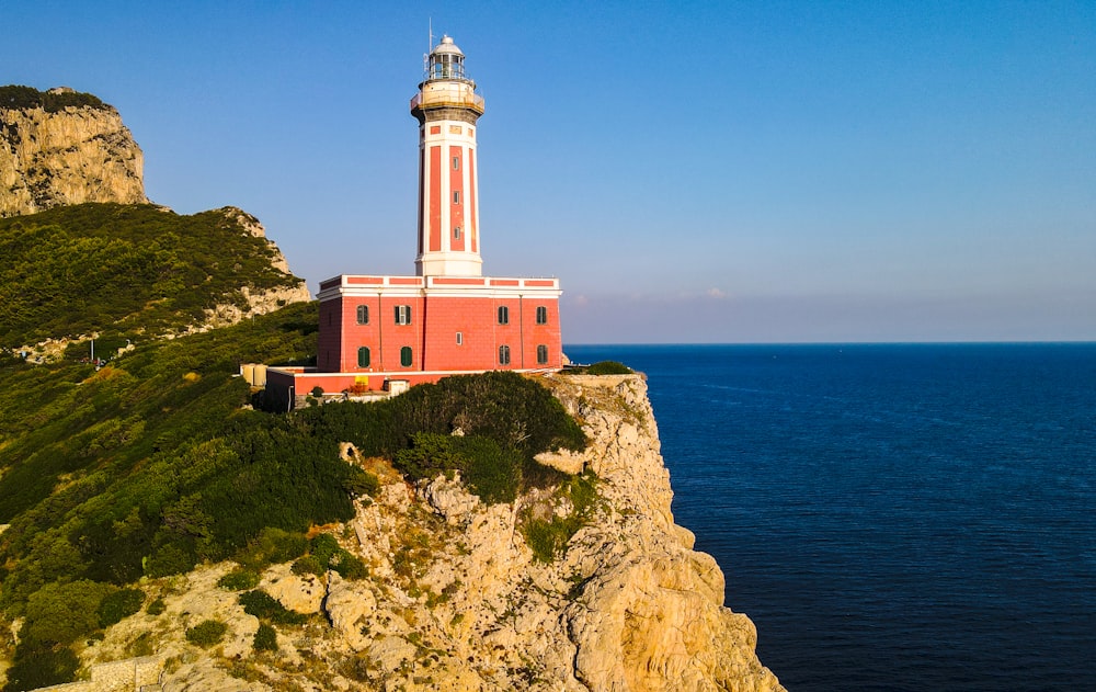 a red and white lighthouse sitting on top of a cliff
