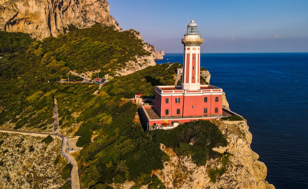 a lighthouse on a cliff overlooking the ocean