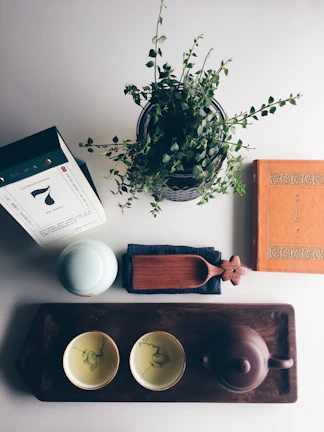 Styled shot of the money control pack’s budget planner alongside a cup of tea and succulent plant.