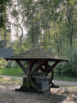 An old wooden well stands in a serene forest setting, surrounded by tall trees with lush green leaves. The well has a rustic wooden roof and a large wheel, situated on a cobblestone path. Sunlight filters through the foliage, casting dappled shadows on the ground.