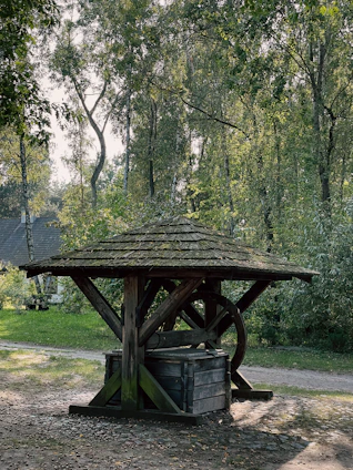 An old wooden well stands in a serene forest setting, surrounded by tall trees with lush green leaves. The well has a rustic wooden roof and a large wheel, situated on a cobblestone path. Sunlight filters through the foliage, casting dappled shadows on the ground.
