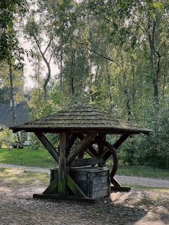 An old wooden well stands in a serene forest setting, surrounded by tall trees with lush green leaves. The well has a rustic wooden roof and a large wheel, situated on a cobblestone path. Sunlight filters through the foliage, casting dappled shadows on the ground.