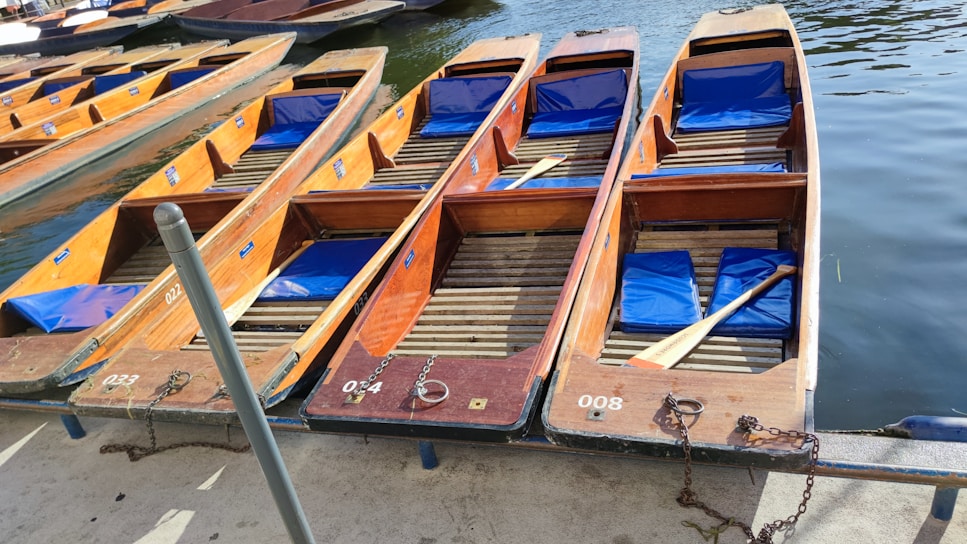 Wooden boats with blue cushions are aligned on a dock, chained and ready for use on the water. Each boat has a unique identification number and a paddle rests across one of them.