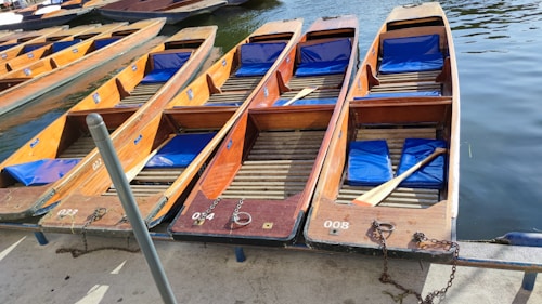 Wooden boats with blue cushions are aligned on a dock, chained and ready for use on the water. Each boat has a unique identification number and a paddle rests across one of them.