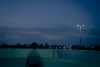 A shadowed figure blending into a bustling city crowd under a twilight sky.