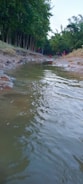 A shallow stream with gentle water flow runs through a natural setting bordered by trees. The ground alongside the stream is earthy and slightly muddy. In the background, several people are visible, giving a sense of human presence within the landscape.