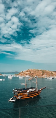 A large, wooden sailing ship with 'ASEAN' written on the side is docked in a calm, blue harbor surrounded by several smaller boats. In the background, there is a small hill covered in dry grass and shrubs, and hills can be seen in the distance under a partly cloudy sky.