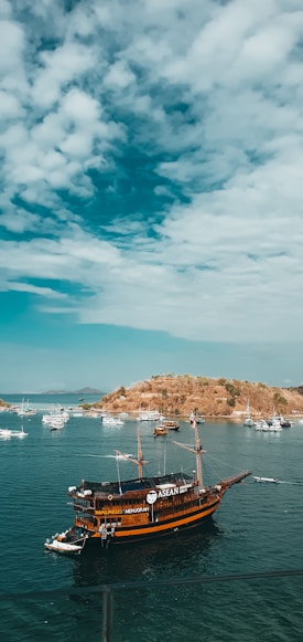 A large, wooden sailing ship with 'ASEAN' written on the side is docked in a calm, blue harbor surrounded by several smaller boats. In the background, there is a small hill covered in dry grass and shrubs, and hills can be seen in the distance under a partly cloudy sky.