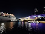 A large cruise ship is illuminated with strings of lights, docked near a waterfront cityscape at night. The water reflects the ship and city lights. The background features a modern building with vibrant purple and blue light patterns, showcasing a lively and colorful atmosphere.