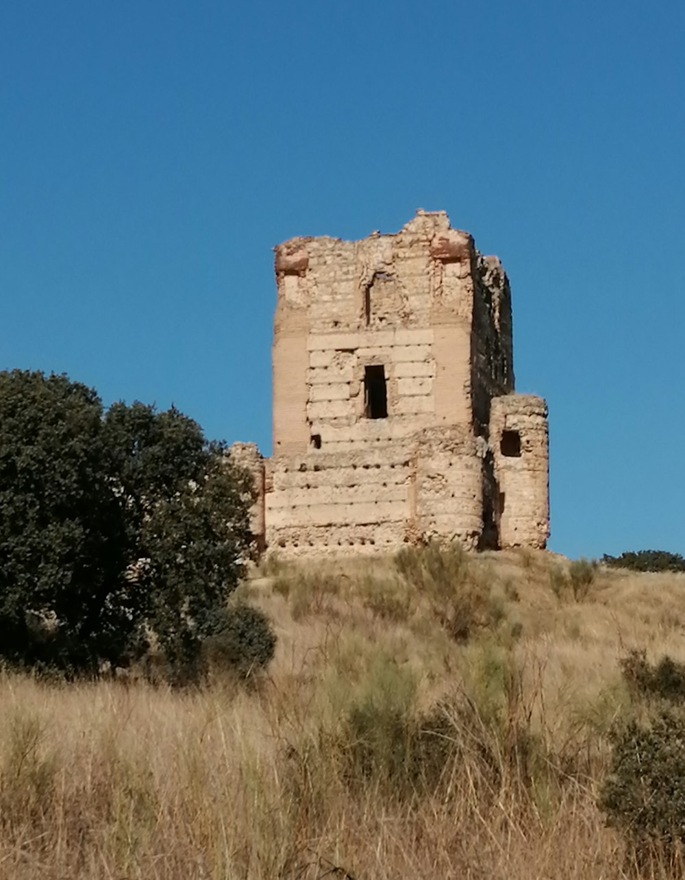 un vecchio edificio seduto in cima a un campo di erba secca