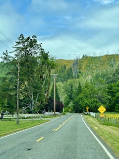 A rural road flanked by lush greenery and trees, with a slight incline leading towards forested hills. White fences line the road, and power lines run alongside. A yellow warning sign indicates a potential hazard of water over the roadway.