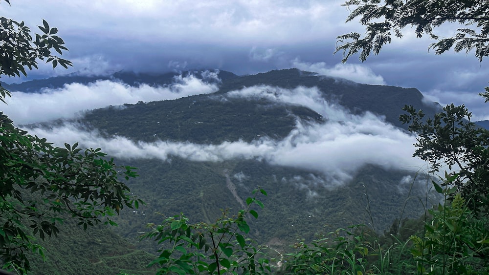 a view of a mountain covered in clouds