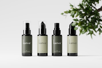 Four bottles of skincare products are arranged in a row, each with a similar design and varied in label color. The bottles have a sleek design with the brand name 'kanva' printed on them. To the right, there is a branch with green leaves providing a natural element.
