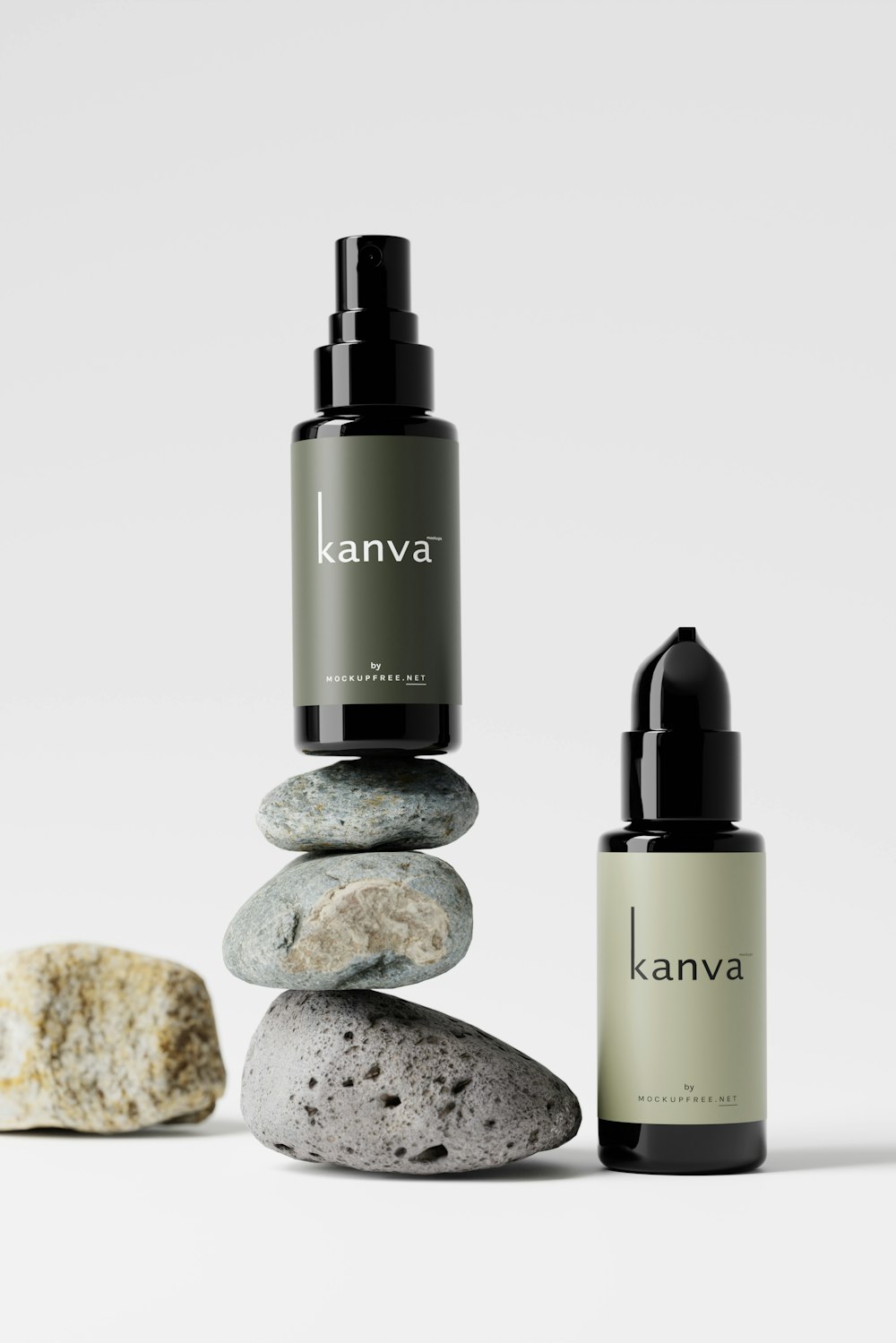 a bottle of kanva next to some rocks