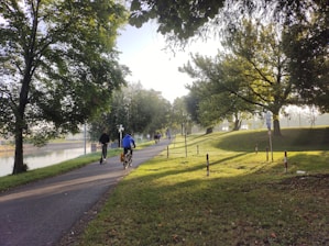 A peaceful communal lake surrounded by walking paths and bike tracks under soft morning light.