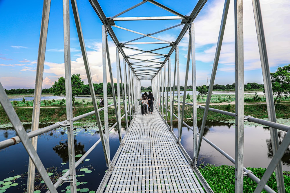 a couple of people that are walking across a bridge