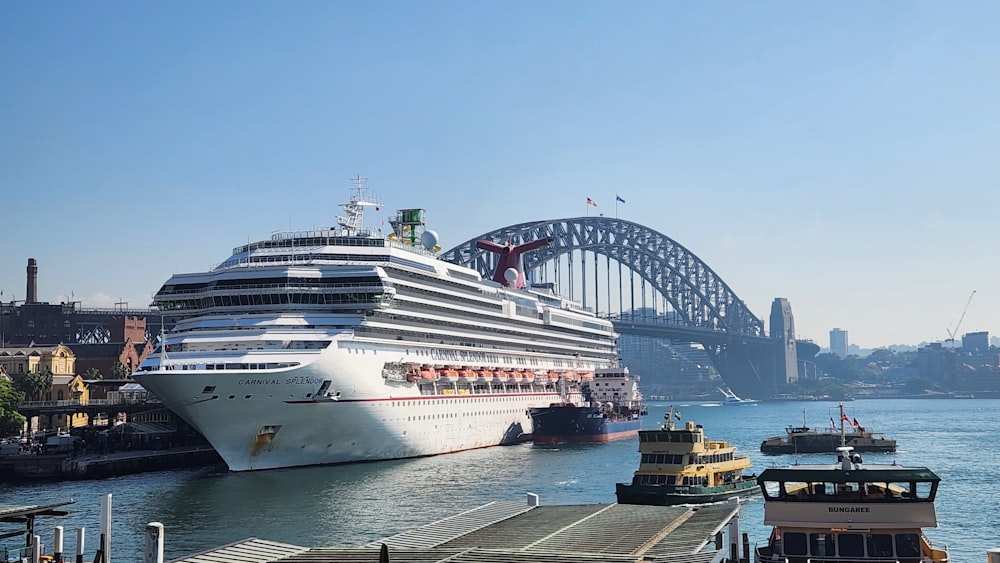 a cruise ship docked in a harbor with a bridge in the background