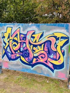 A vibrant piece of graffiti art featuring bold, abstract shapes in bright colors. The artwork contains swirling patterns with accents of pink, yellow, and blue on a textured background. It is painted on a surface outdoors, surrounded by lush green foliage.