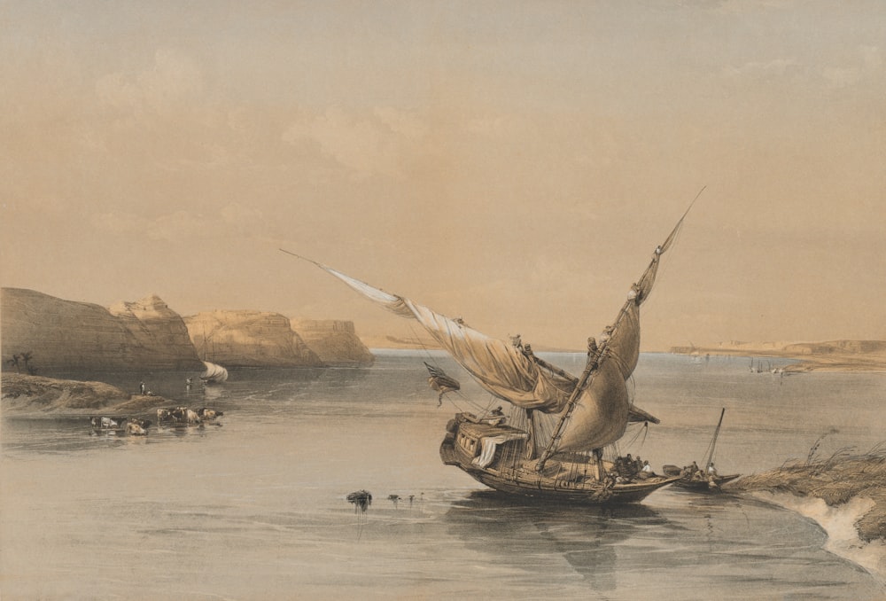 a painting of a boat in a body of water