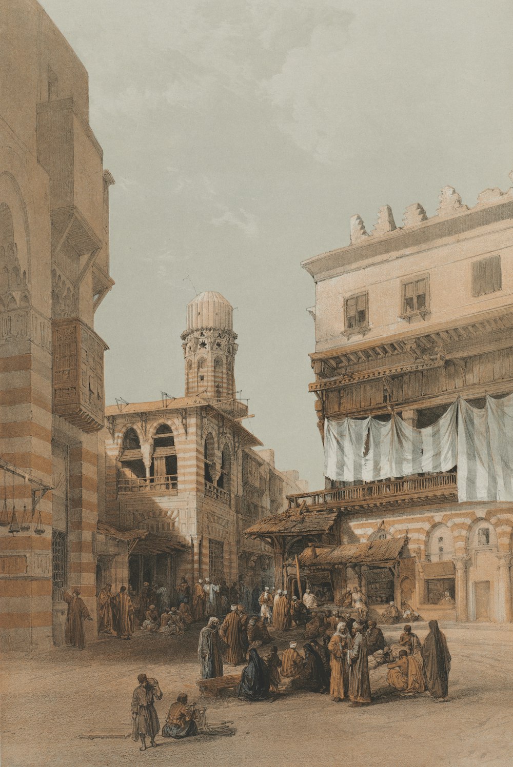 a painting of a street scene with people and buildings