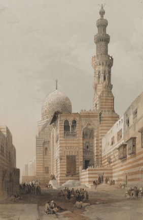 A grand architectural structure with a tall, intricately designed minaret and a large dome, featuring alternating bands of earthy tones. People are gathered around the building and in the surrounding streets, engaging in various activities, suggesting a lively urban setting.