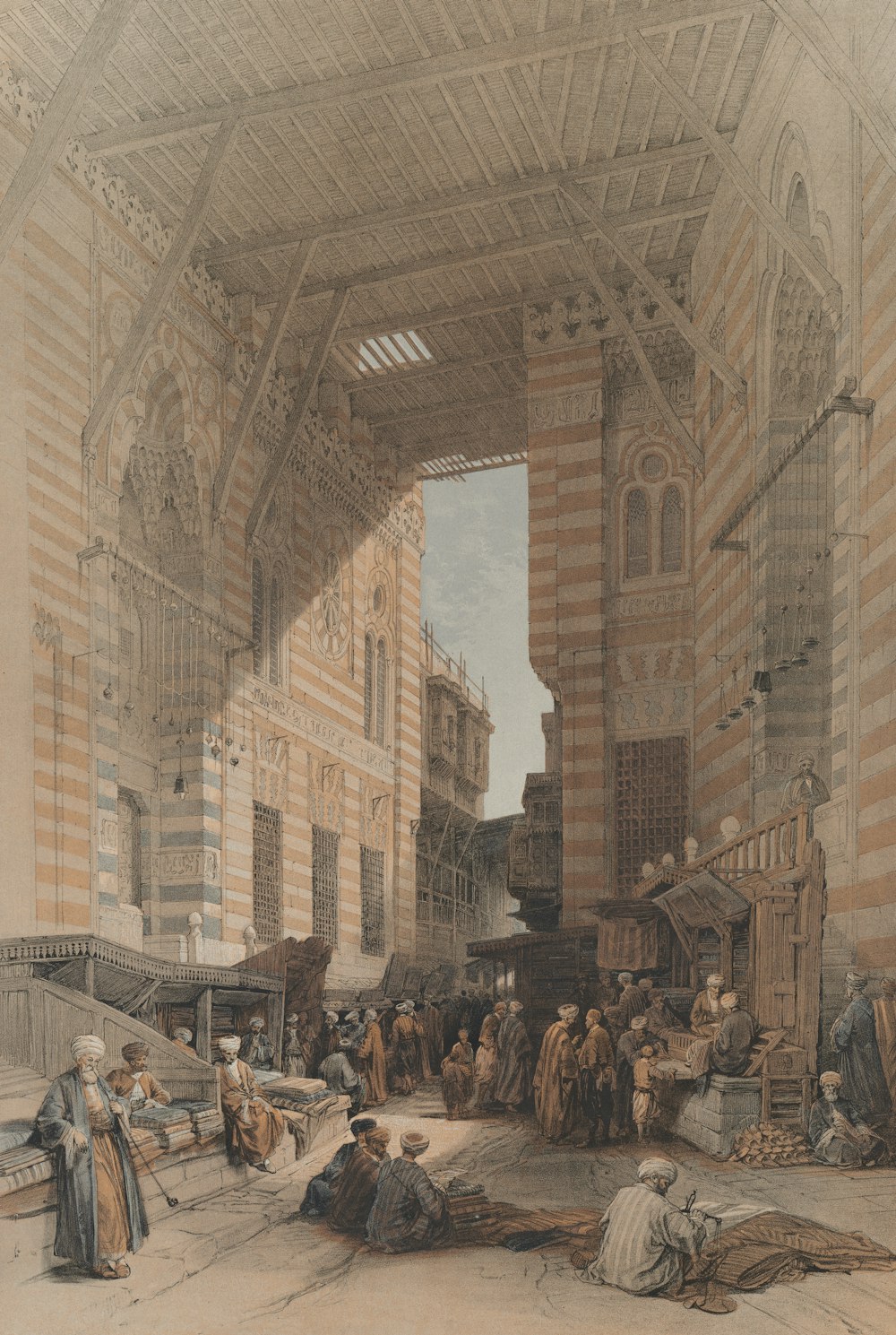 a painting of a group of people in a building