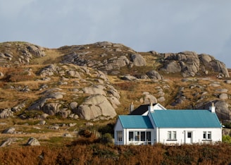 a white house with a blue roof on a hill