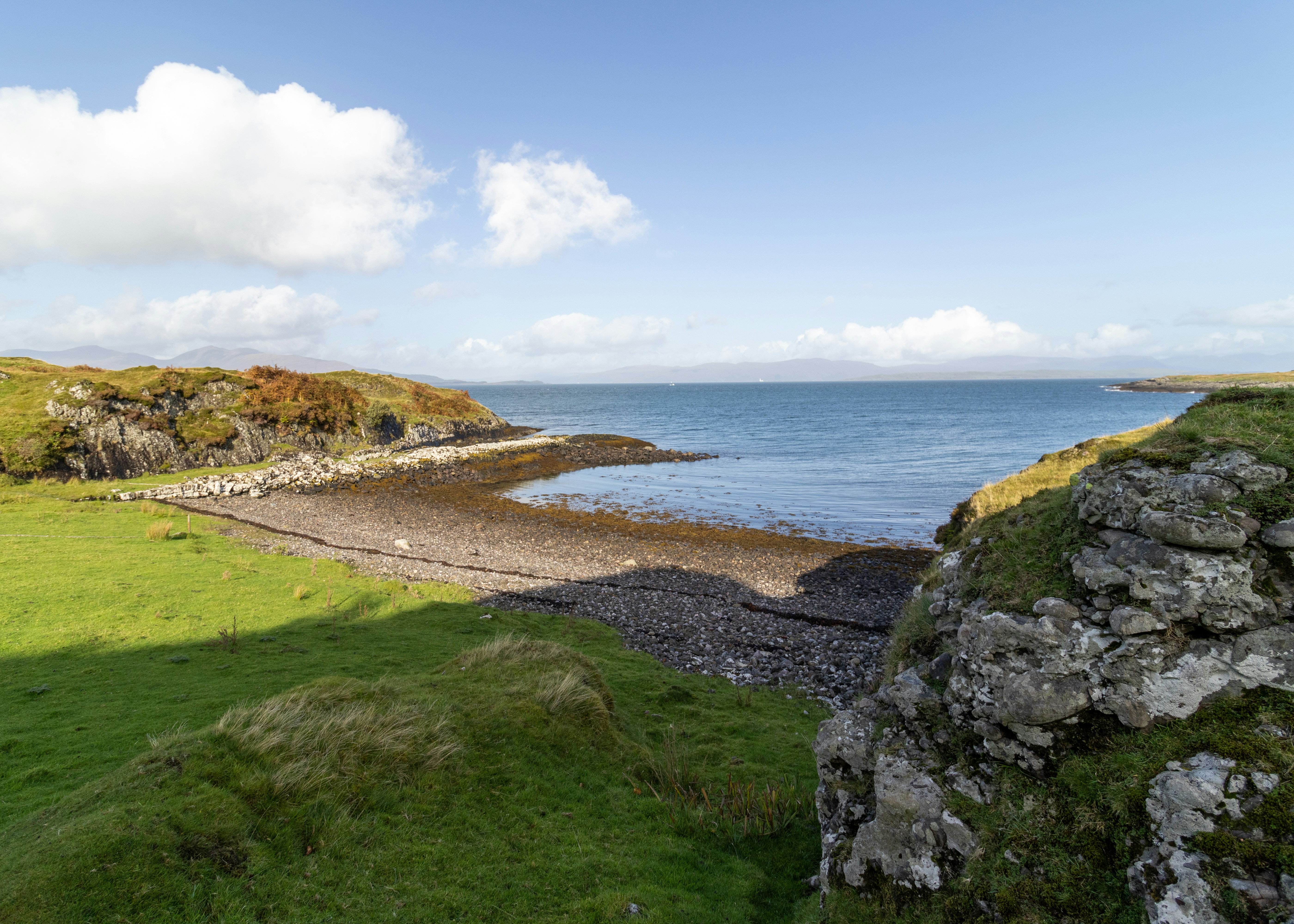 a grassy field next to a body of water