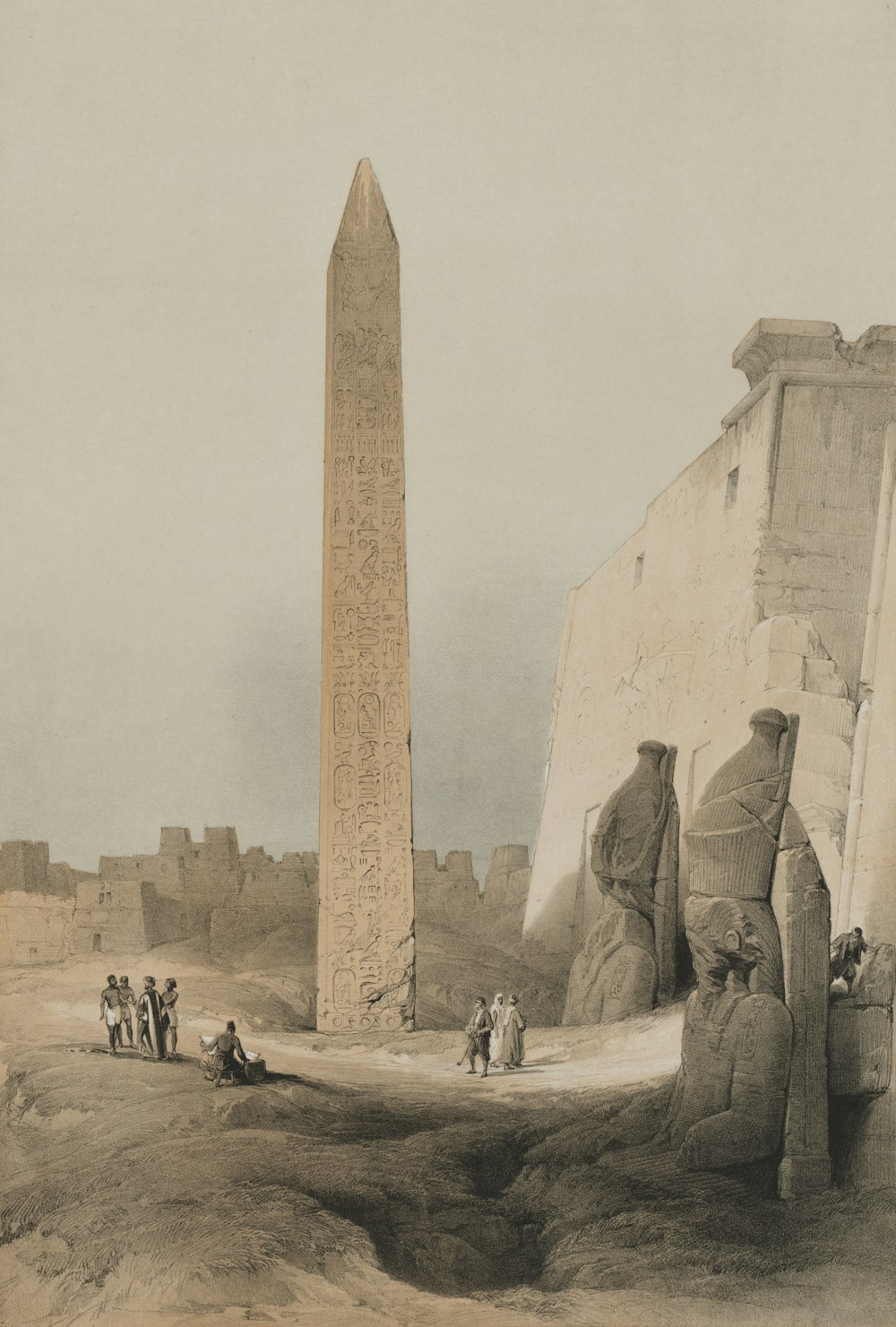 a drawing of a large obelisk in the middle of a desert