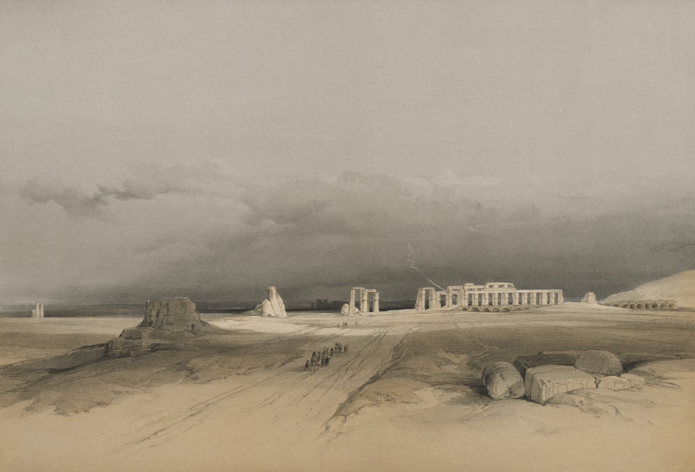 a drawing of a large building in the middle of a desert