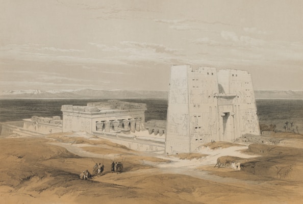 An ancient Egyptian temple complex is depicted in the foreground, surrounded by a barren landscape. The structure features large, rectangular towers with intricate carvings and a grand entrance. Several small groups of people in traditional attire are gathered near the temple, and the horizon is marked by a distant mountain range under a partly cloudy sky.