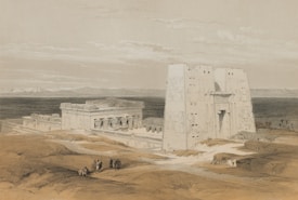 An ancient Egyptian temple complex is depicted in the foreground, surrounded by a barren landscape. The structure features large, rectangular towers with intricate carvings and a grand entrance. Several small groups of people in traditional attire are gathered near the temple, and the horizon is marked by a distant mountain range under a partly cloudy sky.