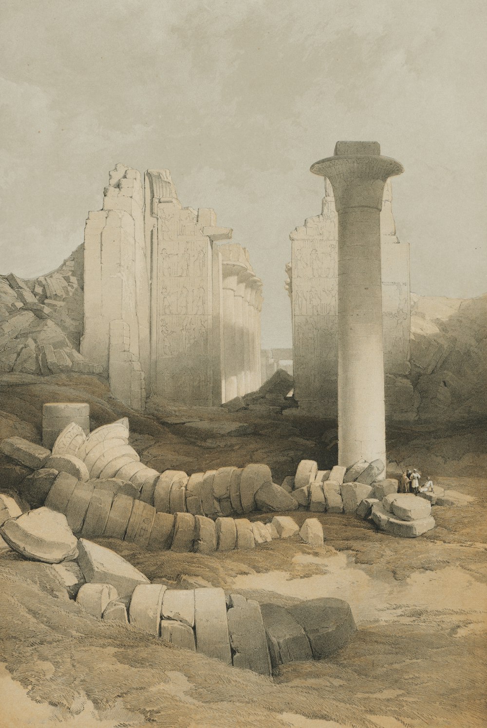 a drawing of a group of ruins in the desert