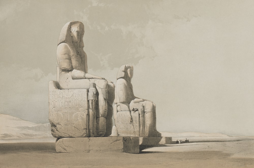a drawing of a statue of two sphinxs