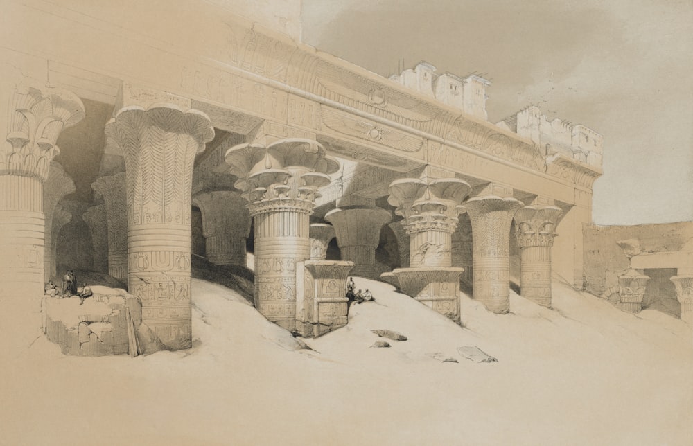 a drawing of a building with columns and pillars