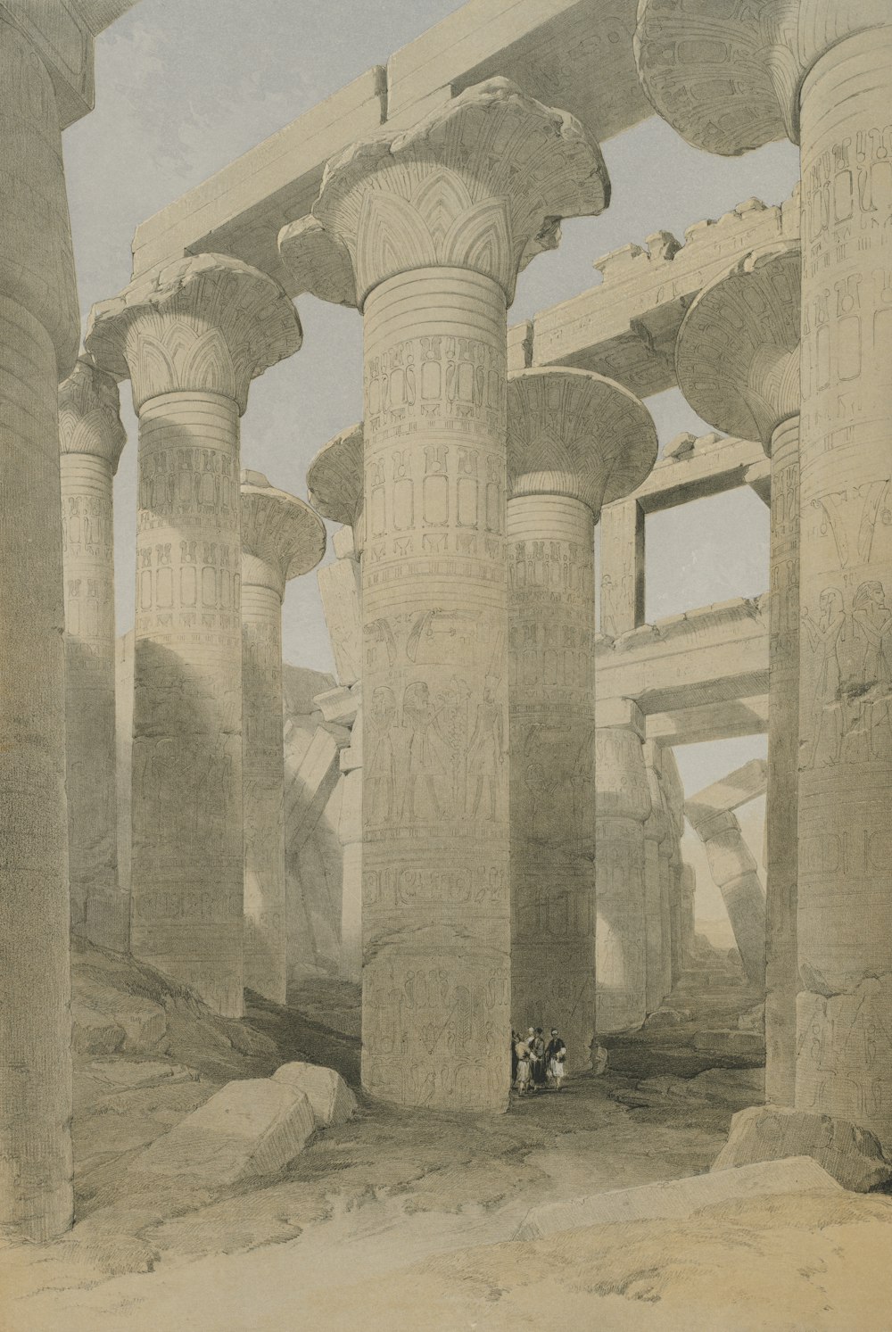 a drawing of a group of pillars in a desert