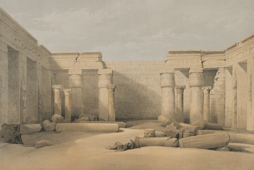 a drawing of an ancient building with columns