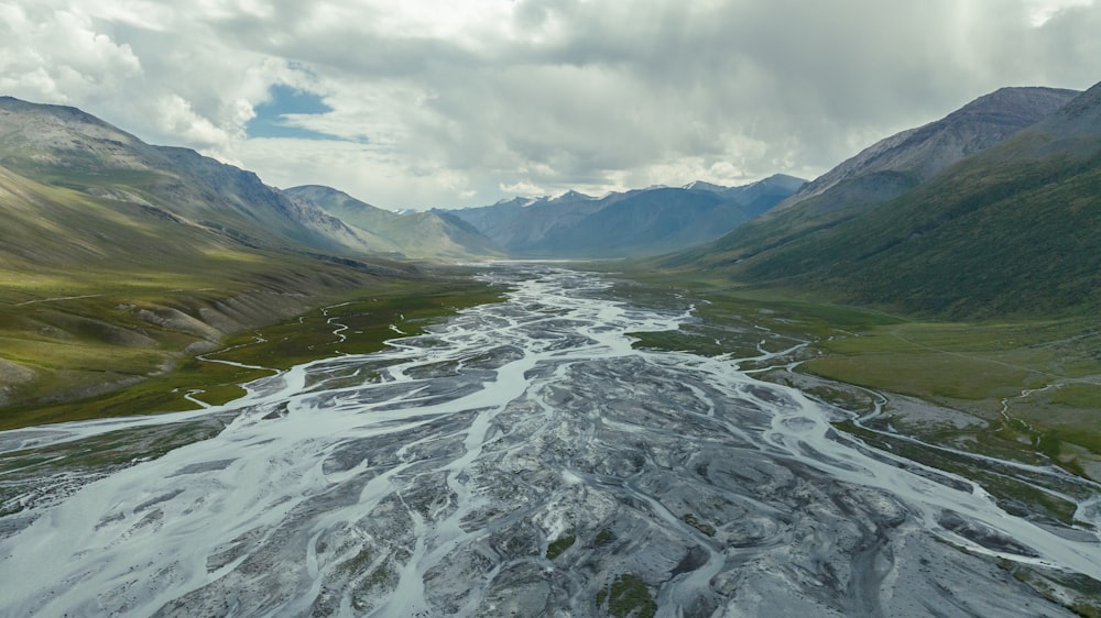 a river running through a lush green valley