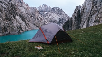 A spacious family tent set up near a lake with kids playing outside